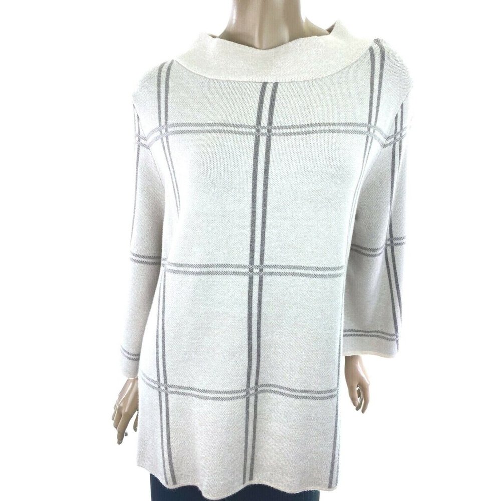 Apt 9 Mock Turtleneck Sweater Oatmeal Gray w Stripes 3/4 Sleeve Size L